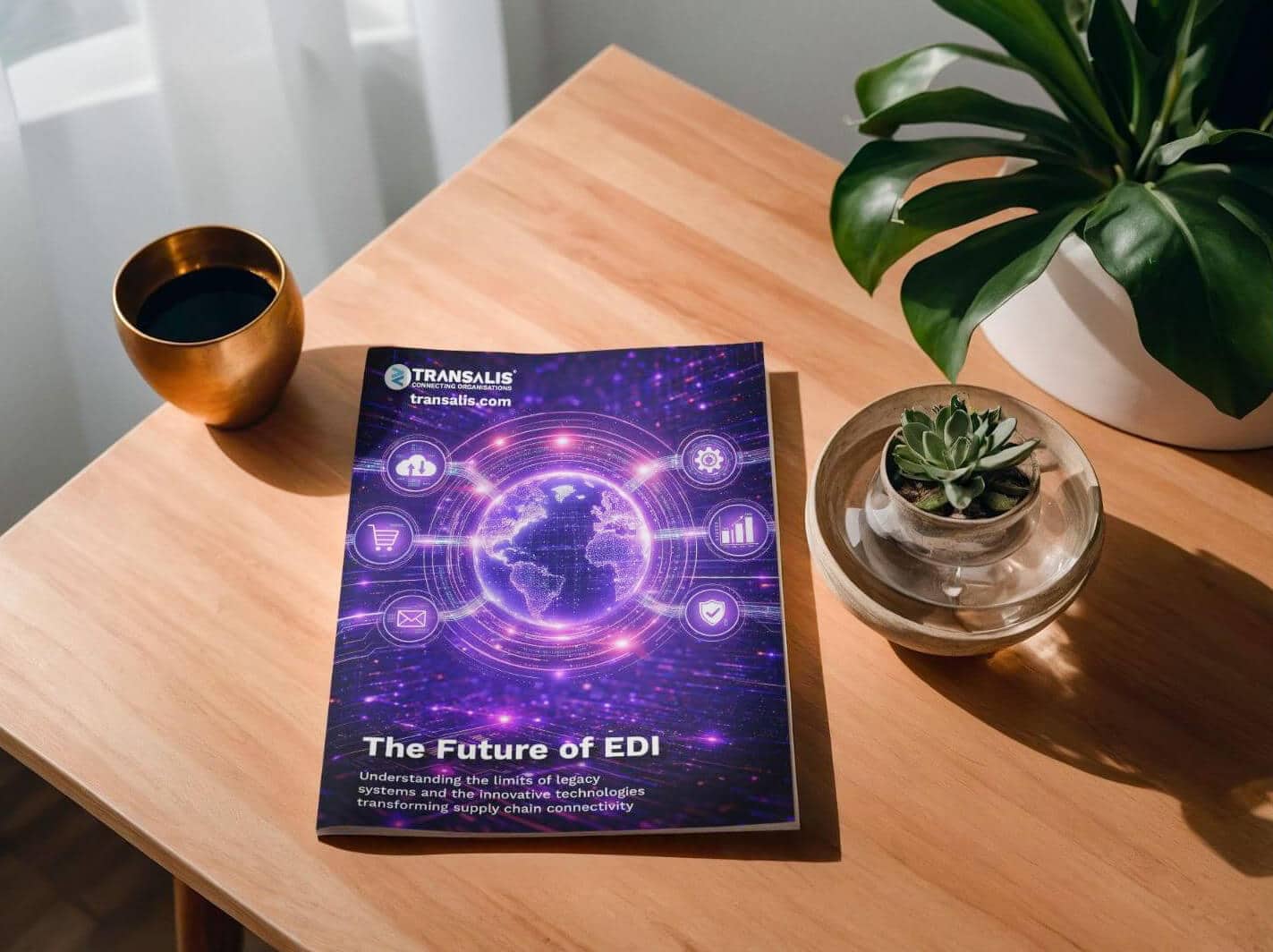 Transalis 'The Future of EDI' report on a desk beside a coffee and a plant.