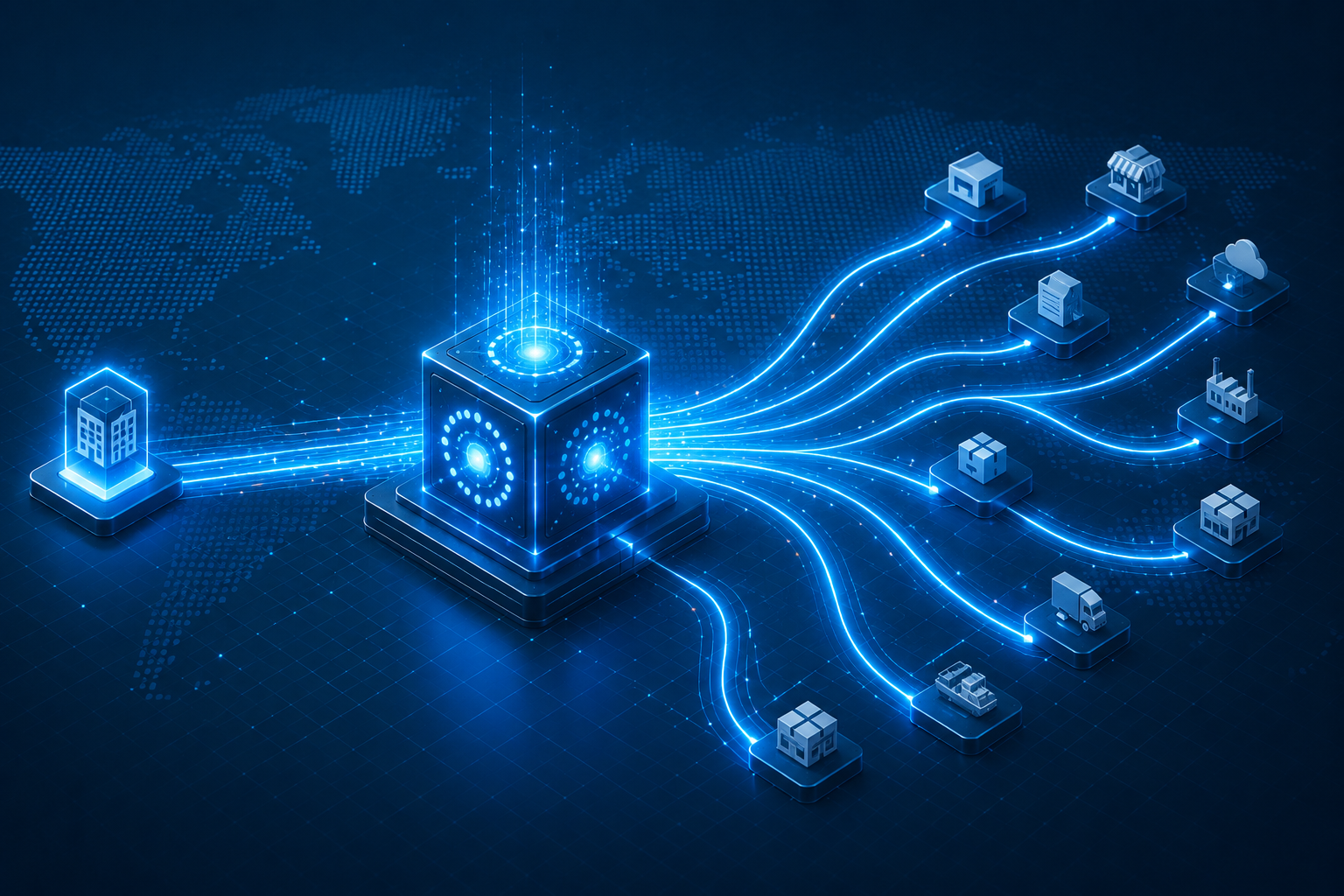 One connection point routing documents from a single business out to retailers, warehouses, factories and marketplaces