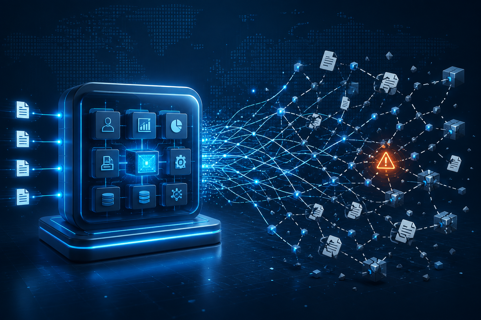 An ERP dashboard whose in-house EDI connections fray into a fragile web of partner links with a failure warning