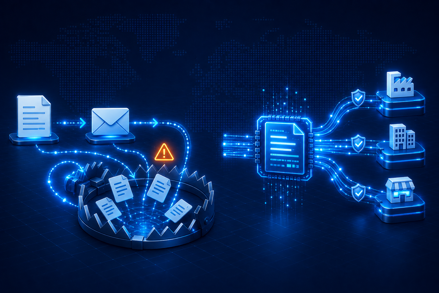 A PDF invoice caught in a trap beside structured Peppol eInvoice data flowing system to system across a network.