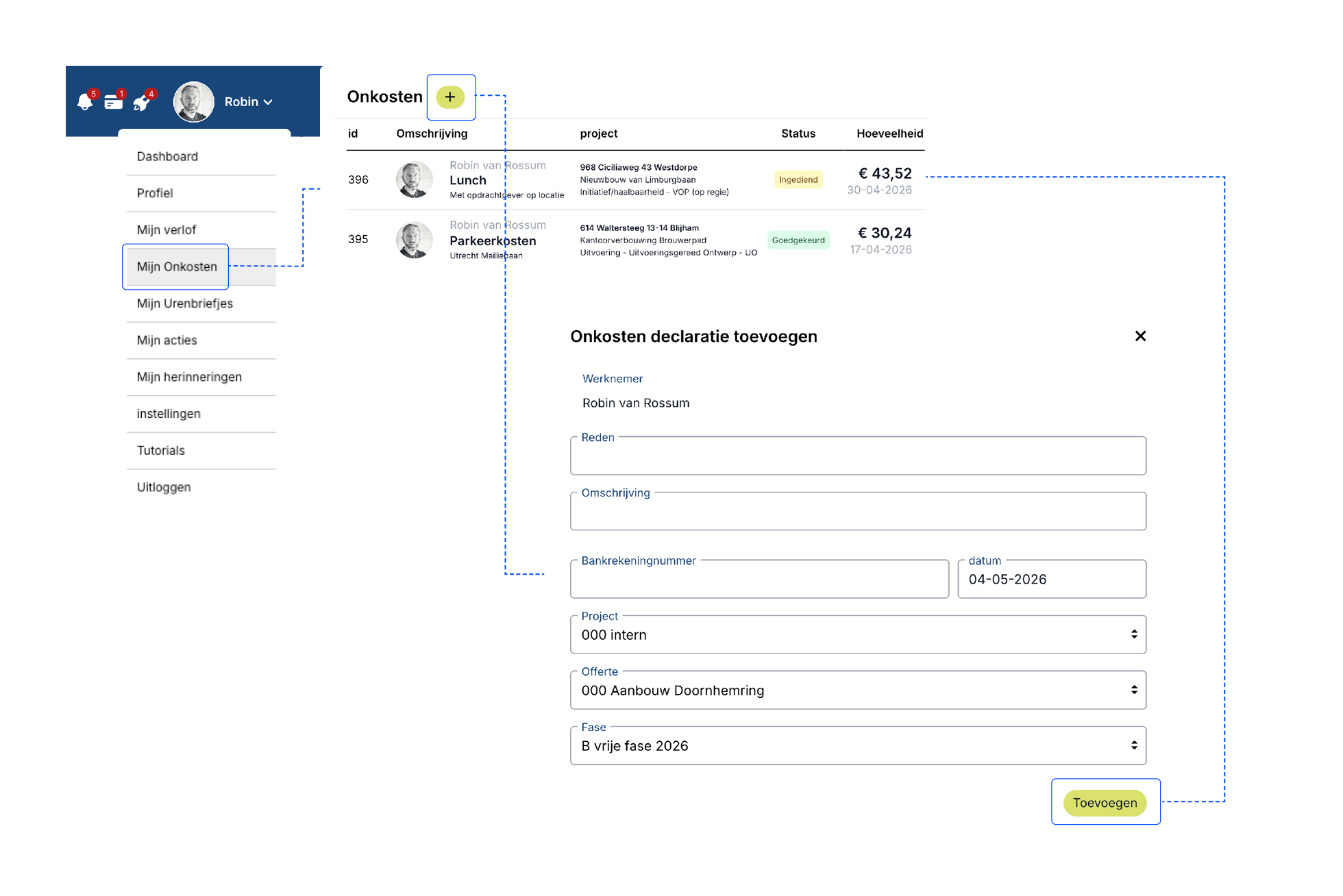 Onkosten indienen binnen organisatiemanagement van Buddy