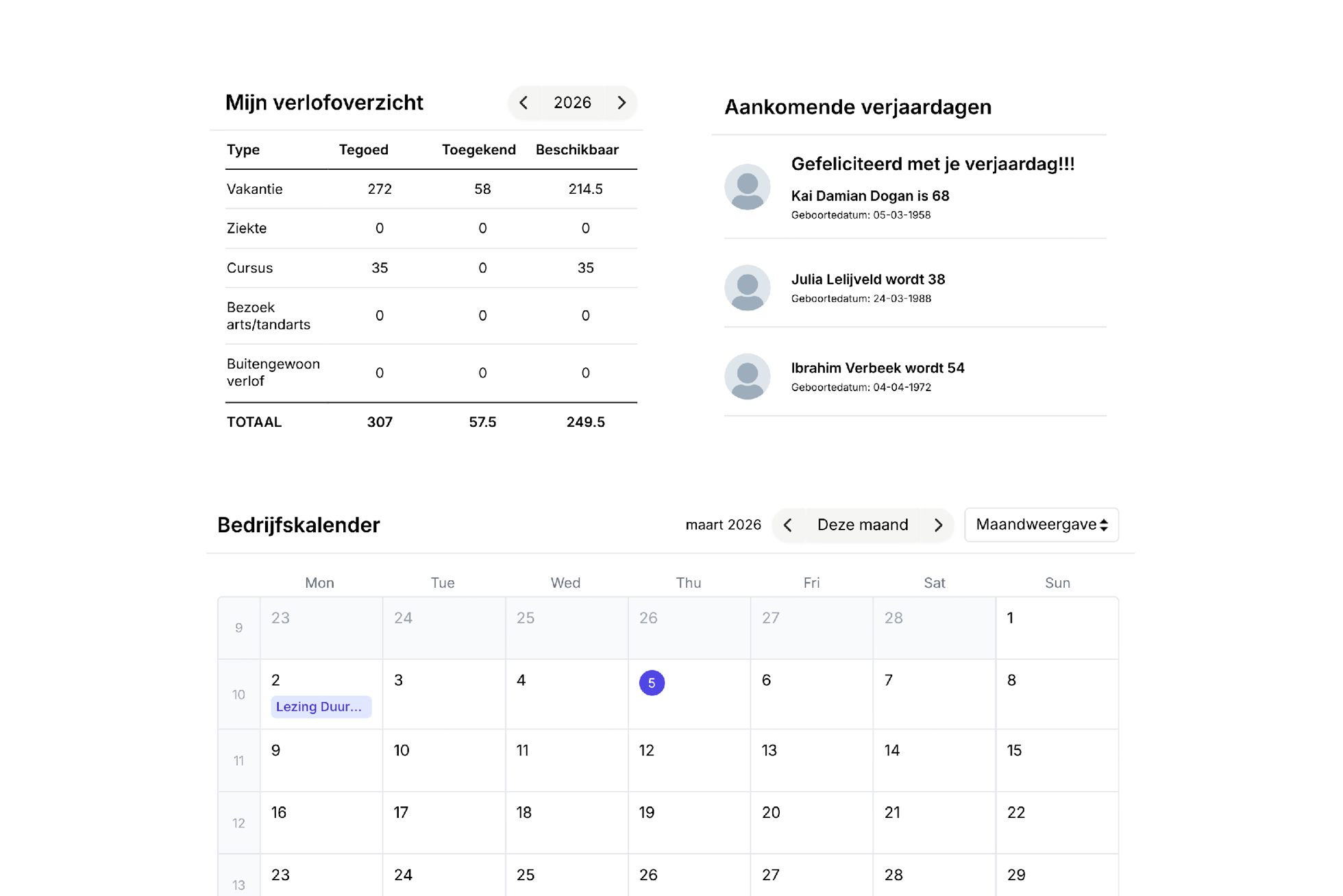 Verlof en kalender binnen het dashboard van Buddy
