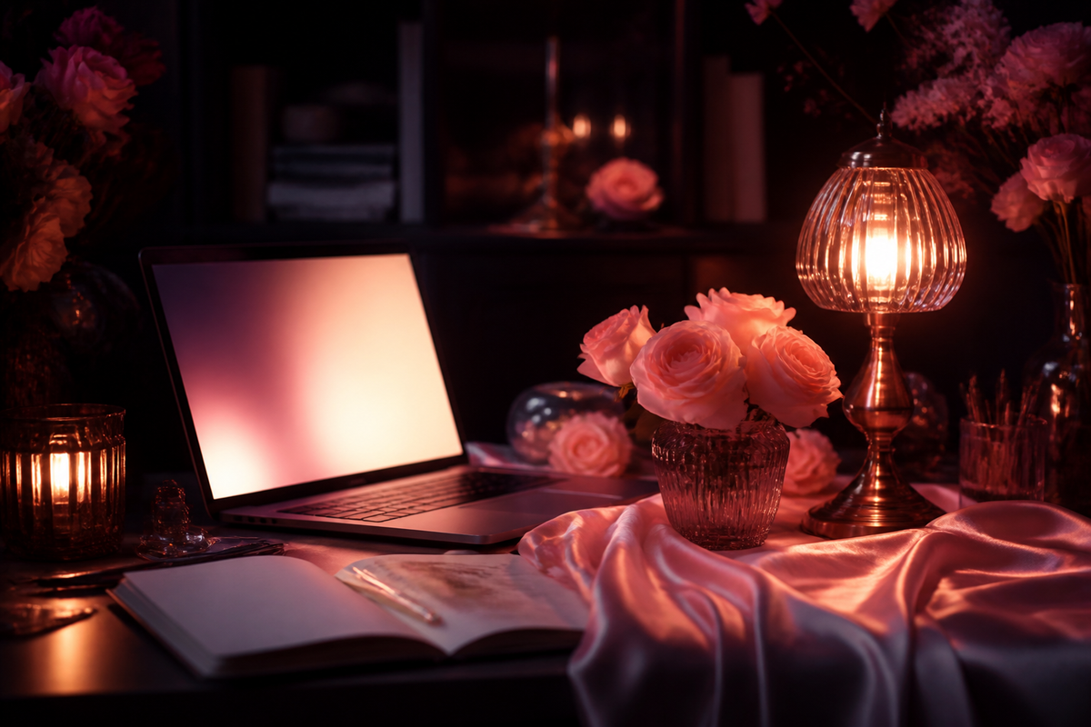 Romantic night desk with soft screen glow, roses, and amber lamp