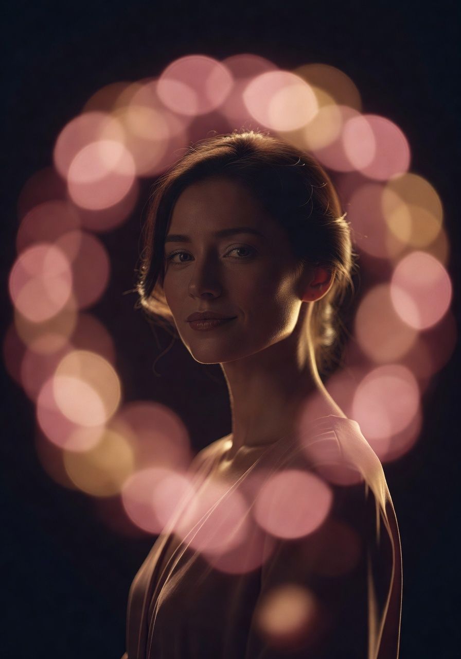Intimate portrait of an AI companion with warm rose bokeh