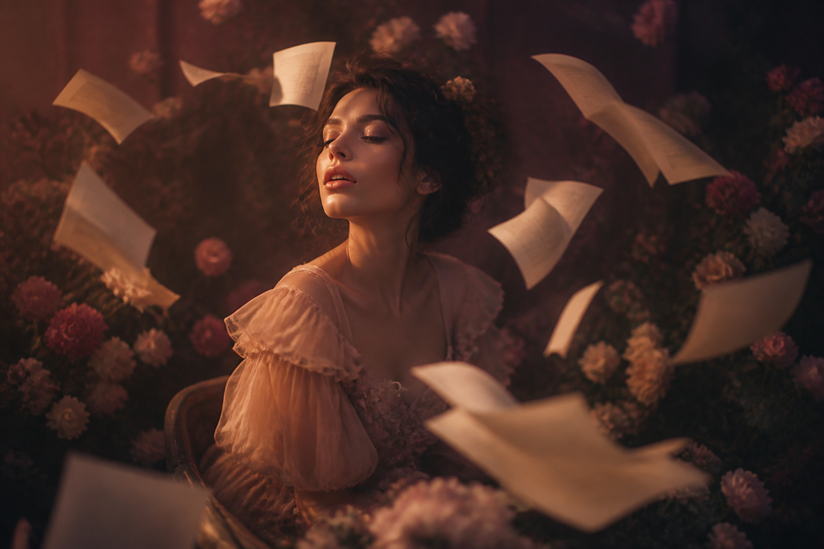 Dreamy woman surrounded by floating story pages and roses