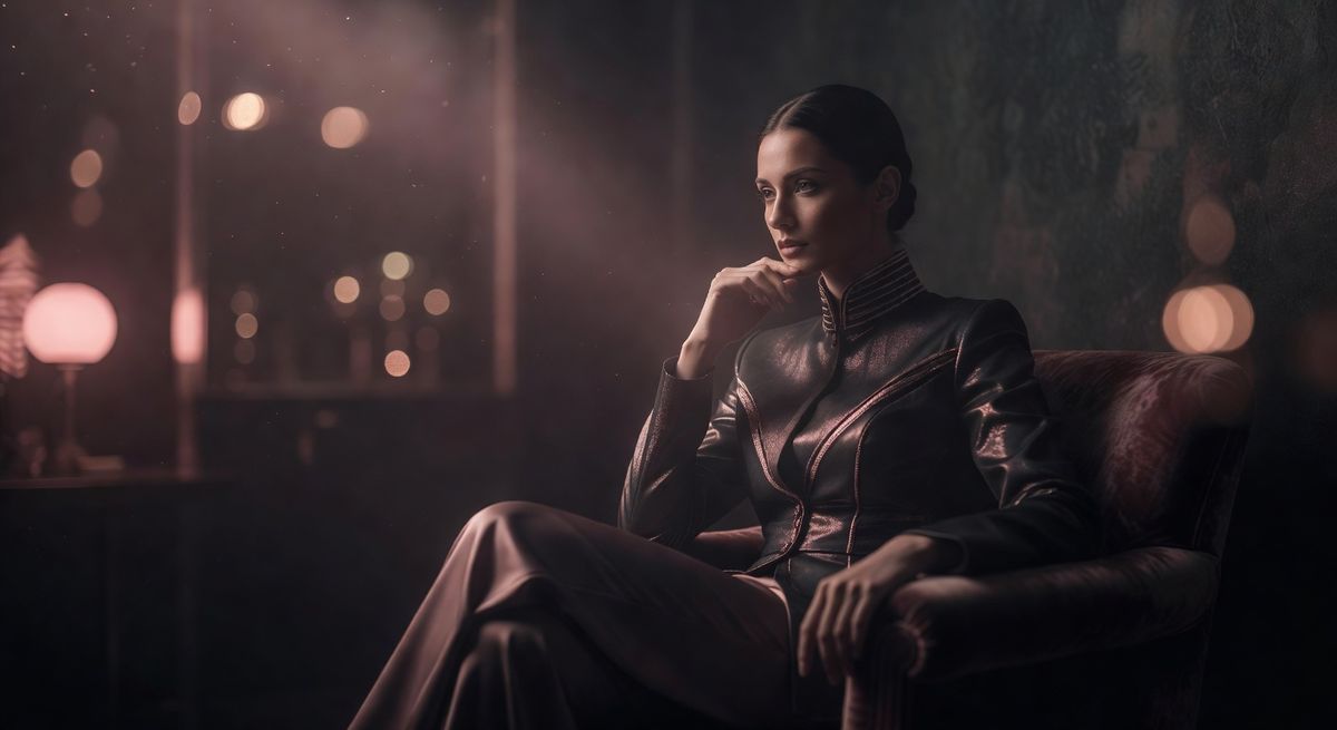 Woman in rose-gold cinematic lighting for AI storytelling