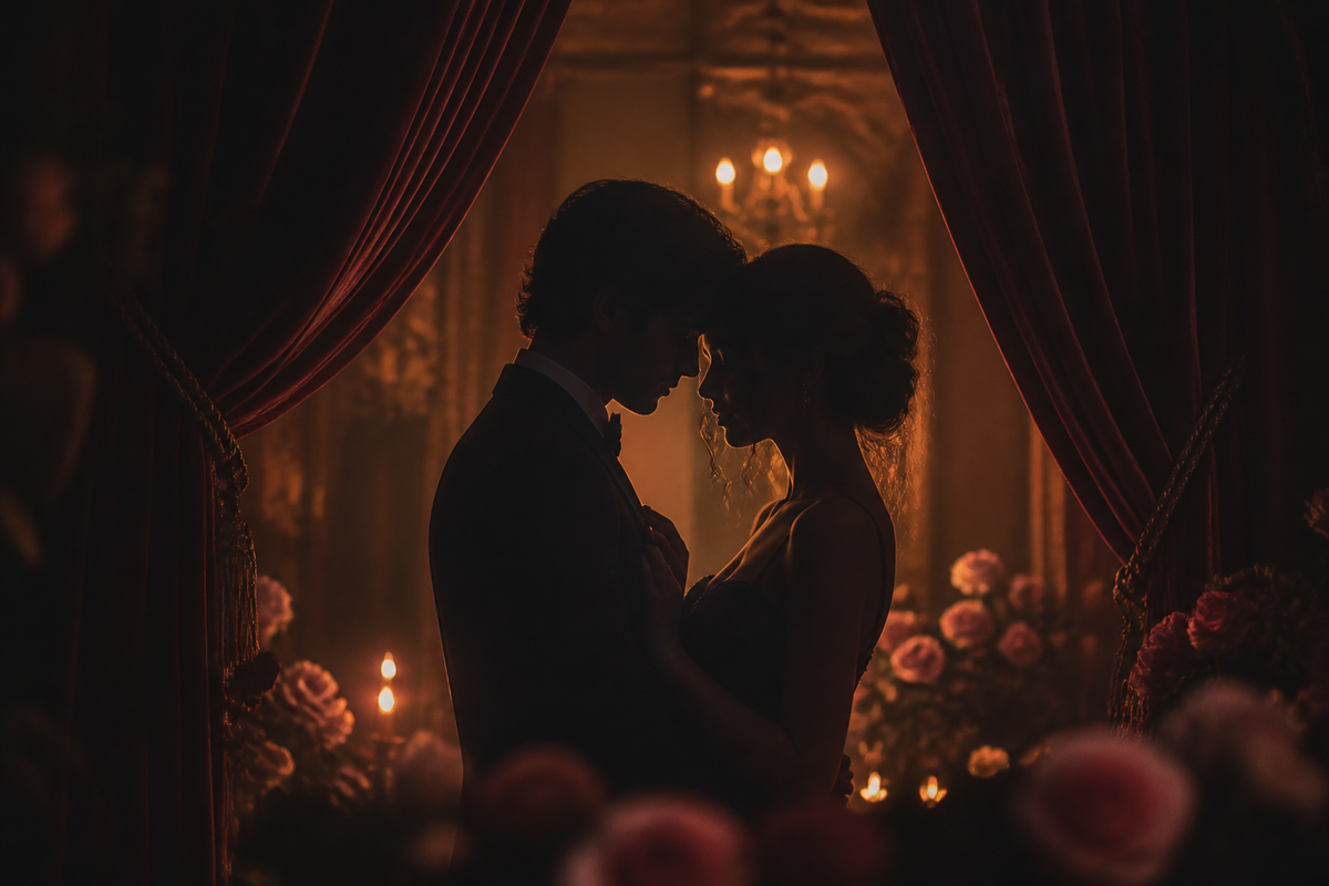 Silhouetted couple framed by velvet curtains and warm amber light