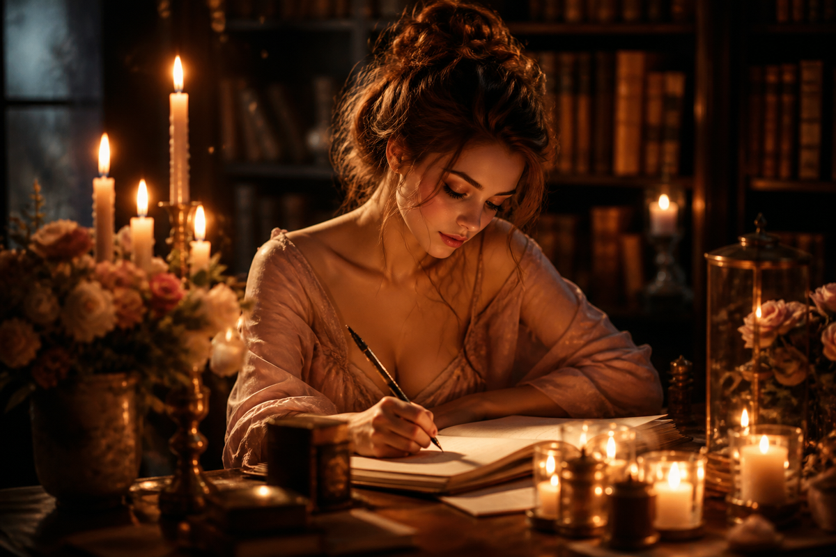 Woman writing by candlelight in a dark romantic library