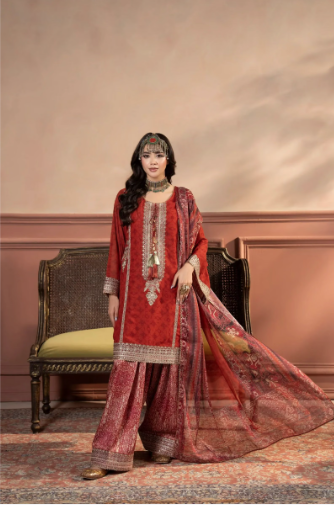 Crimson Red Embroidered Kurta with Printed Palazzo Set - Image 1