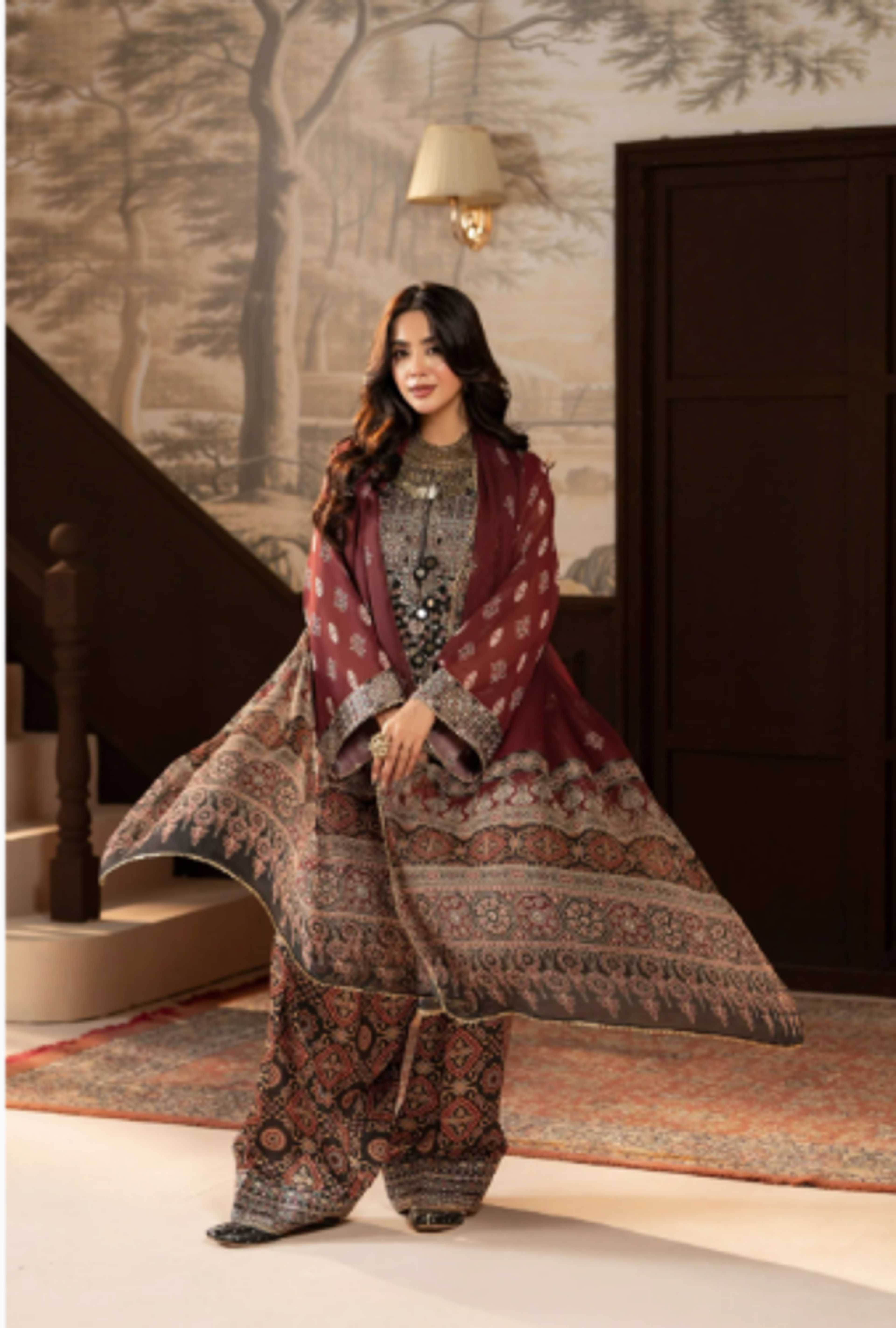 Maroon Traditional Block-Print Style 3-Piece Suit