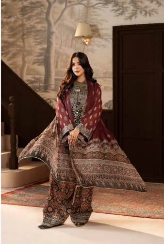 Maroon Traditional Block-Print Style 3-Piece Suit - Image 1