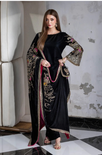 Midnight Black Embroidered Velvet 3-Piece Suit - Image 1