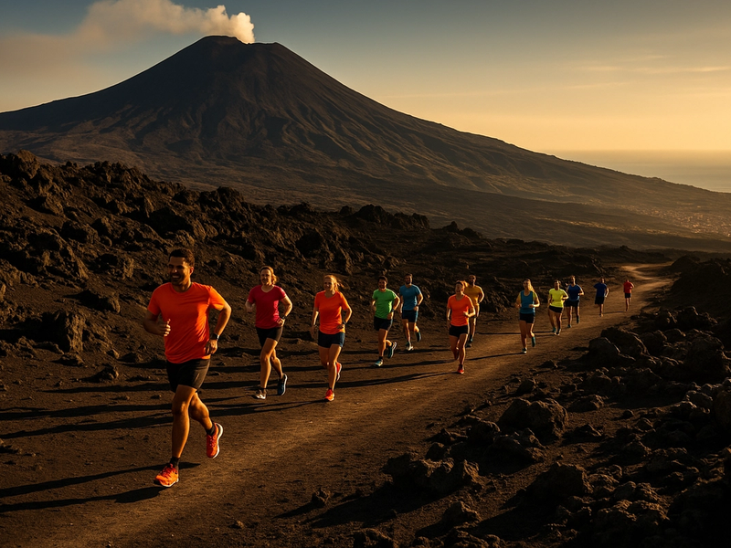 Runners with volcano in background