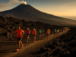 Runners with volcano in background