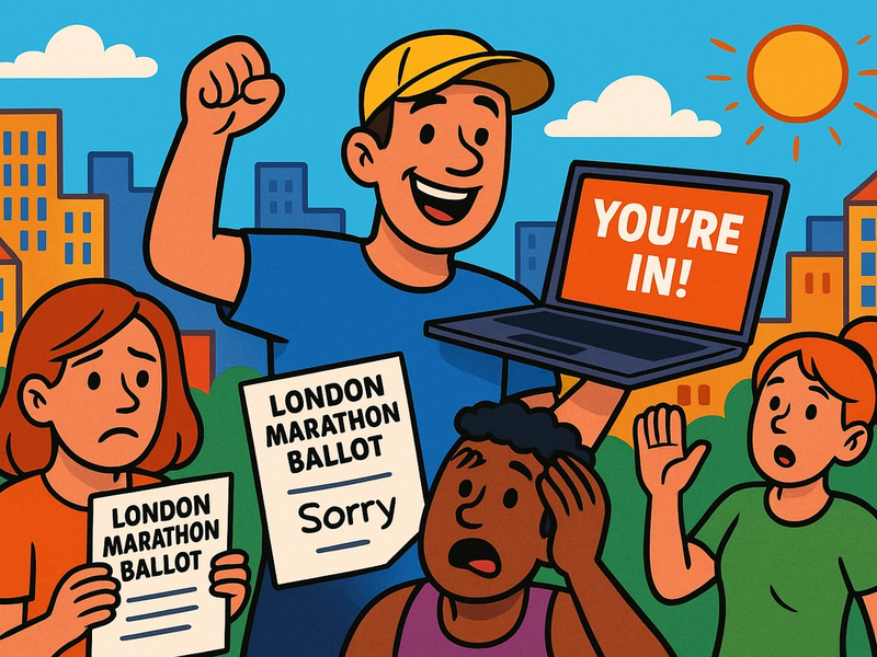 Cartoon of runners receiving ballot success and failure for marathon.