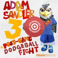 "? adamsandler and post-game dodgeball fight 30" - outline of river mascot and dodgeball