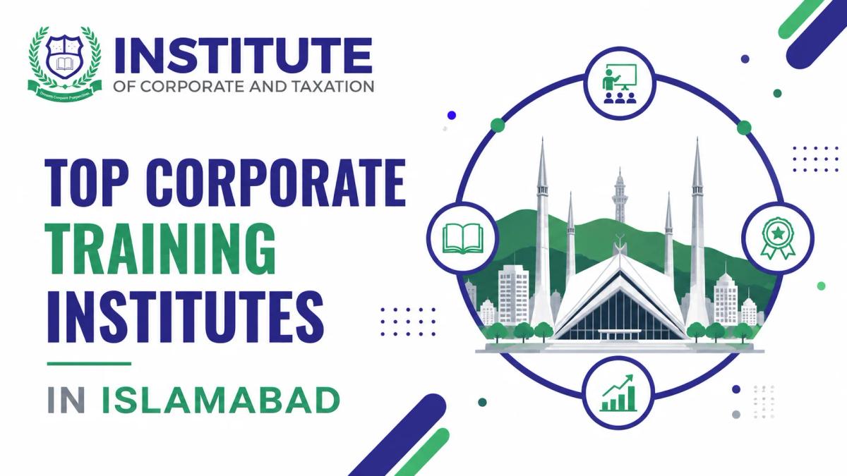 "Top Corporate Training Institutes in Islamabad featuring professional training, industry experts, career development, and corporate education illustration on a white background."