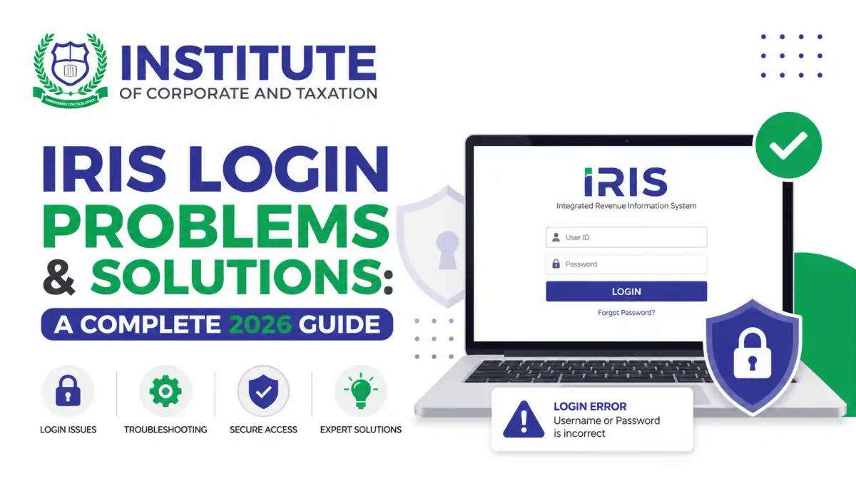 "IRIS Login Problems & Solutions 2026 guide with secure login screen, error alert, and cybersecurity illustration on a white background."