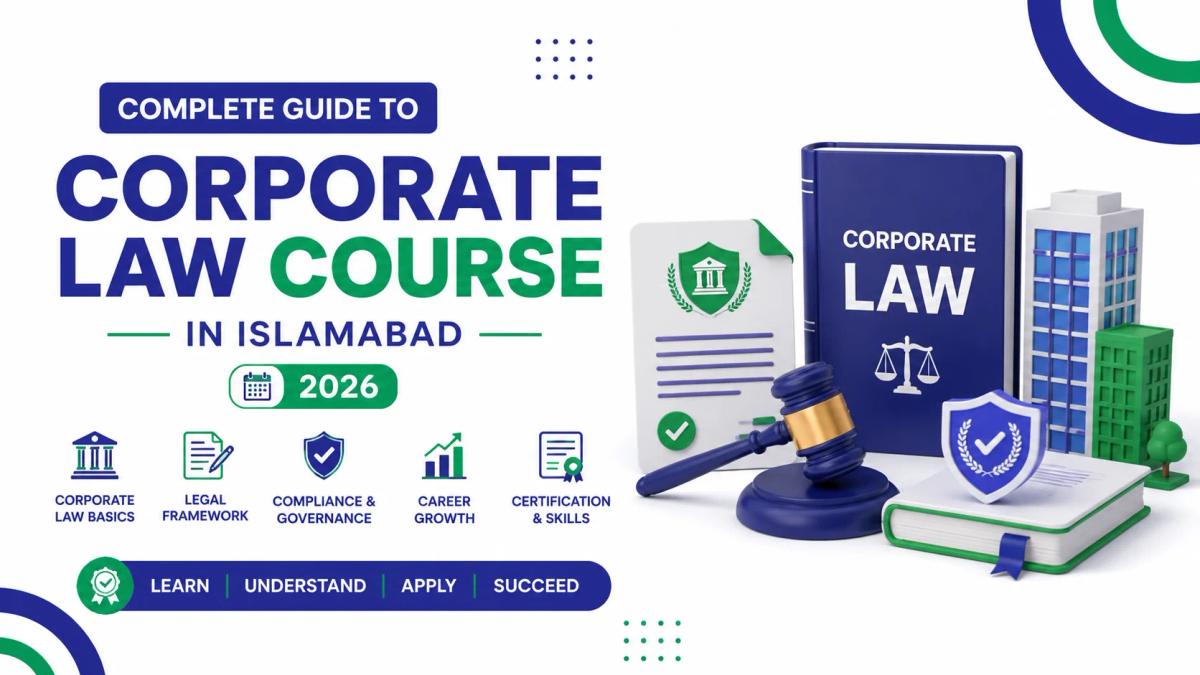 Complete Guide to Corporate Law Course in Islamabad 2026 with corporate governance, legal compliance, and business law training illustration