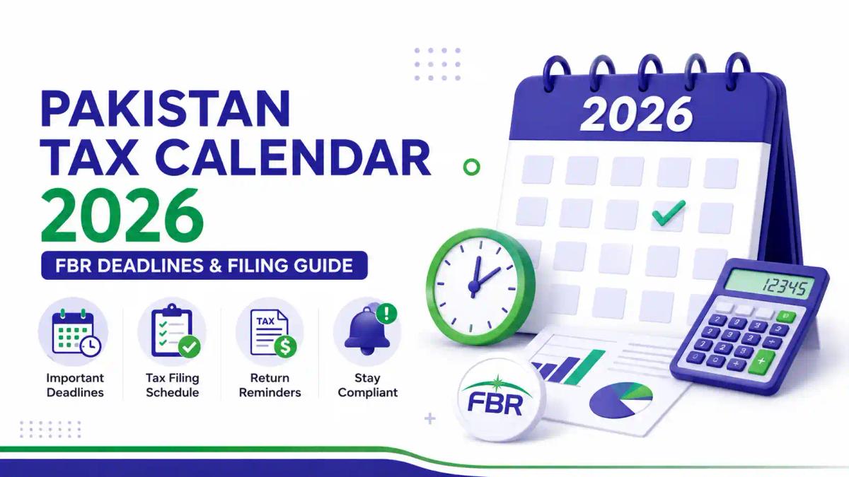 Pakistan Tax Calendar 2026 with FBR deadlines, tax filing guide, compliance dates, and tax calendar illustration on a white background