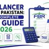 Freelancer Tax in Pakistan 2026 guide featuring FBR tax filing checklist, calculator, tax shield, financial documents, and tax compliance icons on a clean white background.