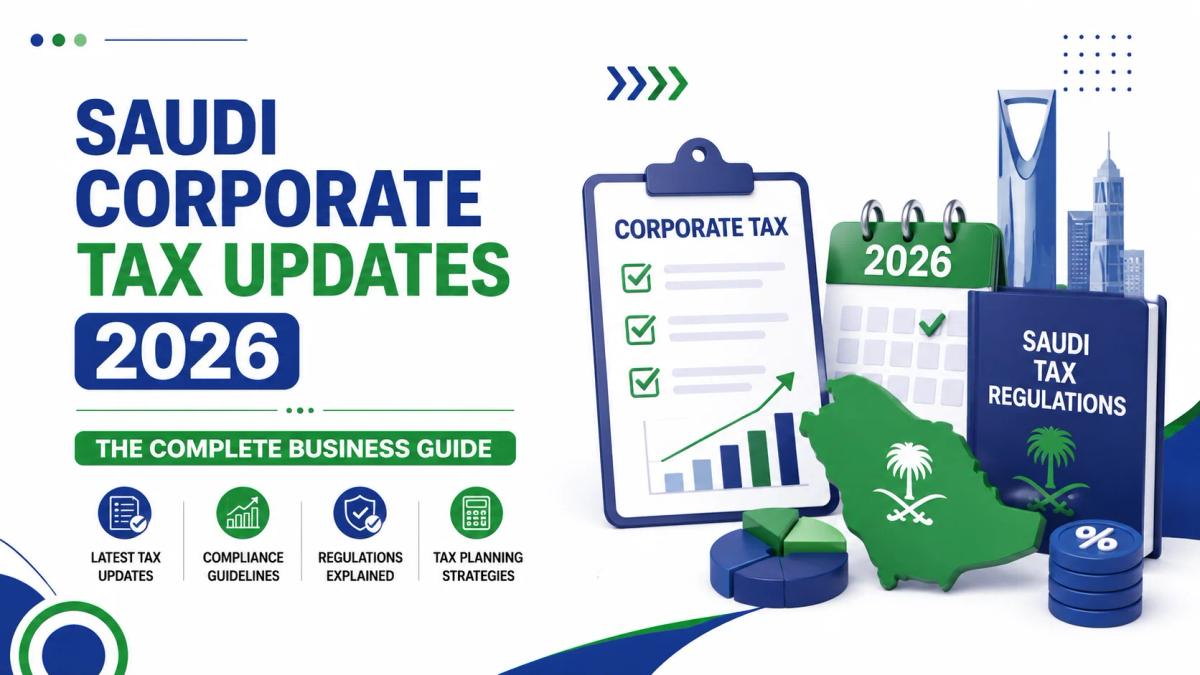 "Saudi Corporate Tax Updates 2026 – Complete Business Guide illustration featuring Saudi tax regulations, corporate tax compliance, 2026 tax updates, and business planning on a white background."