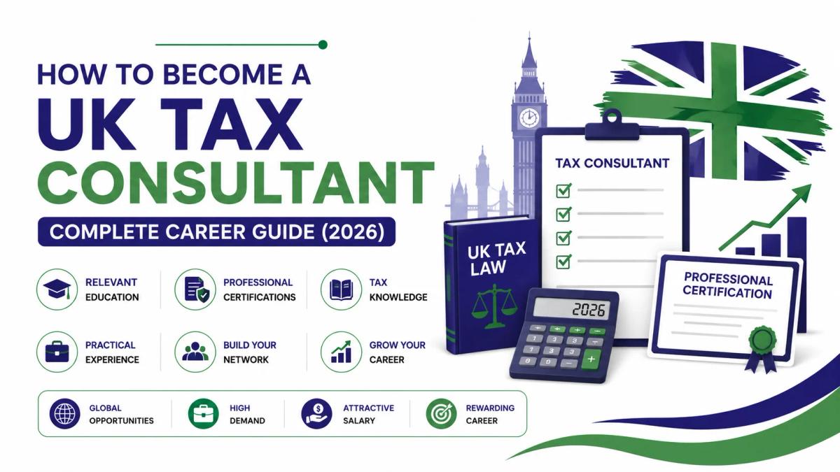 How to Become a UK Tax Consultant Complete Career Guide 2026 banner with UK tax law book, certification, calculator and career growth icons