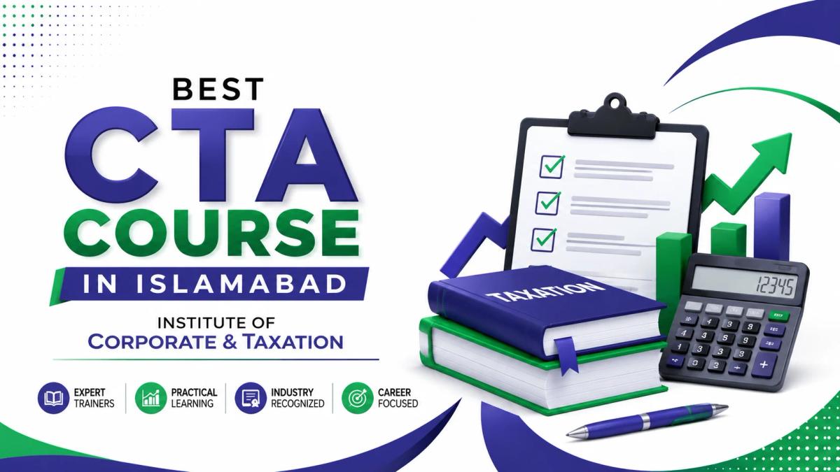 Best CTA Course in Islamabad at Institute of Corporate & Taxation with taxation books, calculator, checklist, and career growth illustration