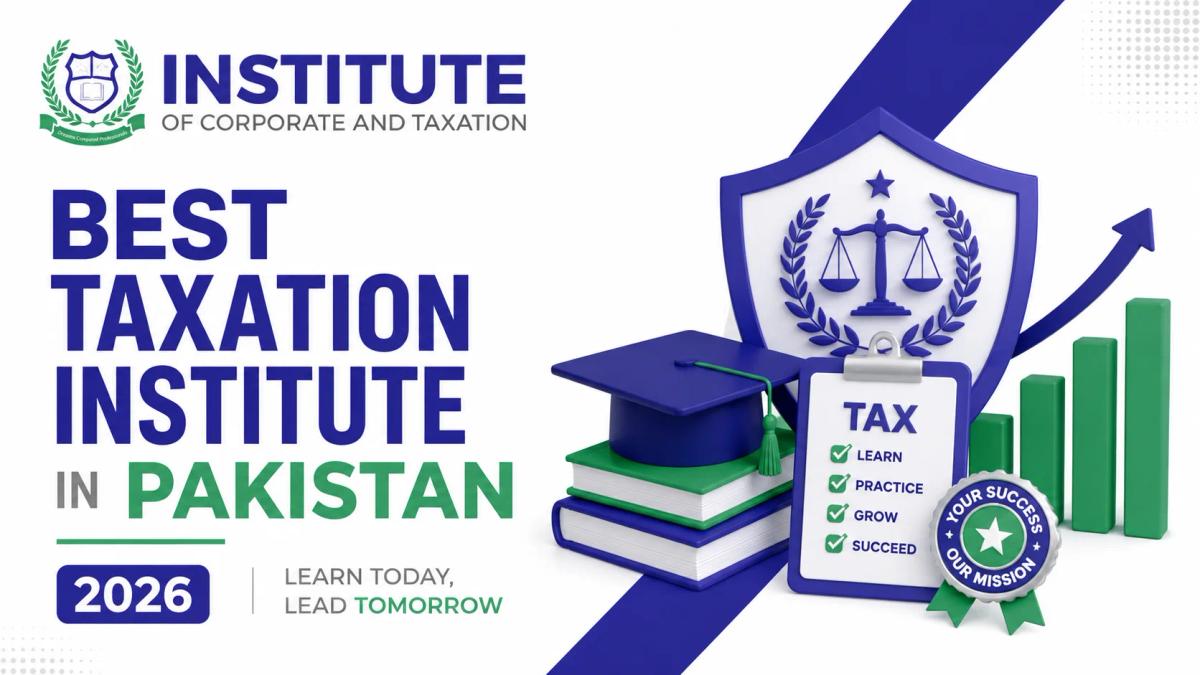 "Best Taxation Institute in Pakistan 2026 illustration featuring taxation education, income tax, sales tax, professional certifications, and career development on a white background."