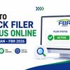 "How to Check Filer Status Online in Pakistan – FBR 2026 guide showing an active filer status on a computer screen with FBR verification, online status check, and tax compliance illustration in blue and green theme."