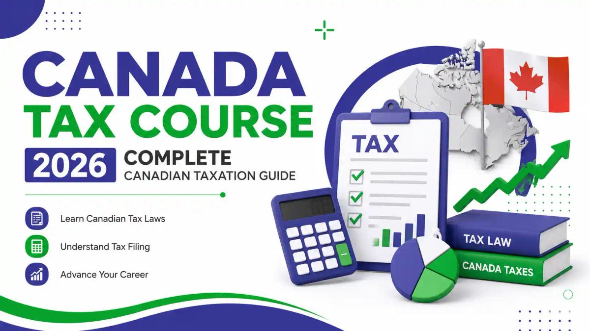Canada Tax Course 2026 banner featuring Canadian tax guide, tax checklist, calculator, Canada map, and tax law books on a white background.