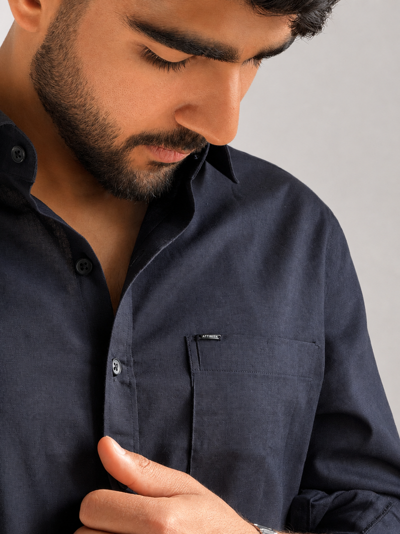 Men’s Premium Cotton Linen Relaxed Fit Shirt – Navy Blue | Attirity - View 5