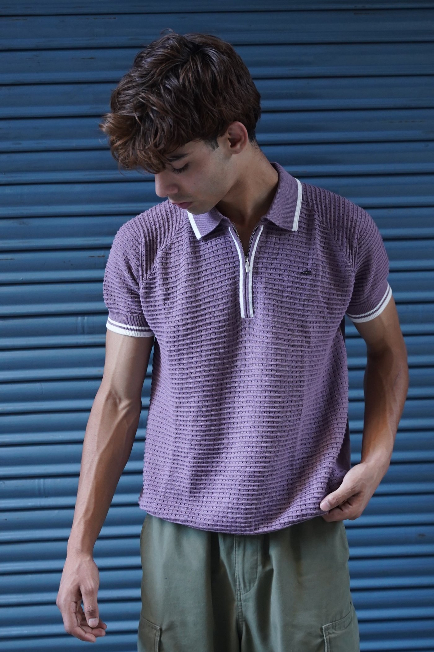 Lavender Textured Zip Polo