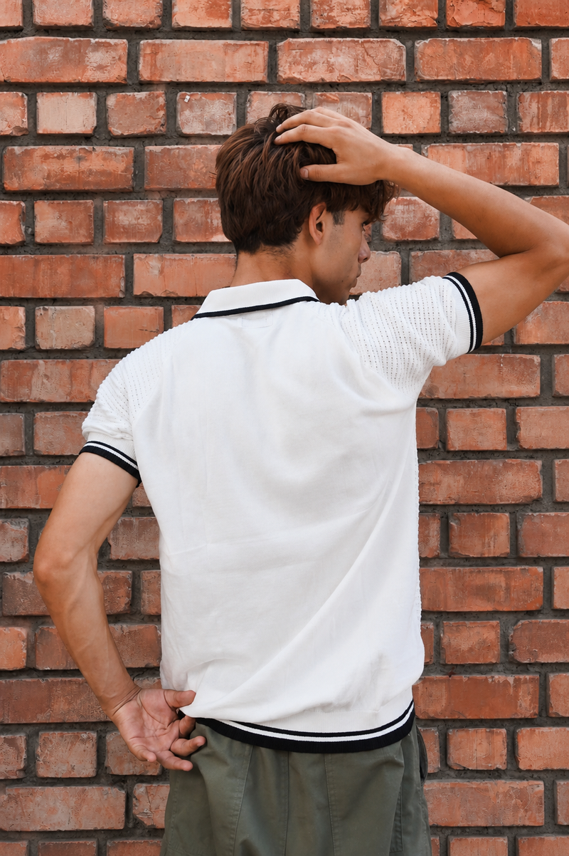 White Textured Zip Polo - View 5