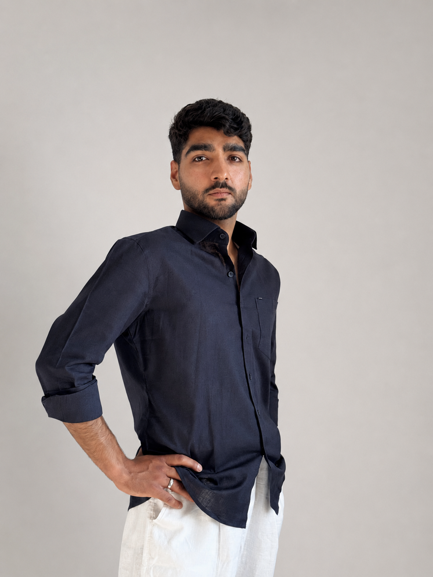 Men’s Premium Cotton Linen Relaxed Fit Shirt – Navy Blue | Attirity