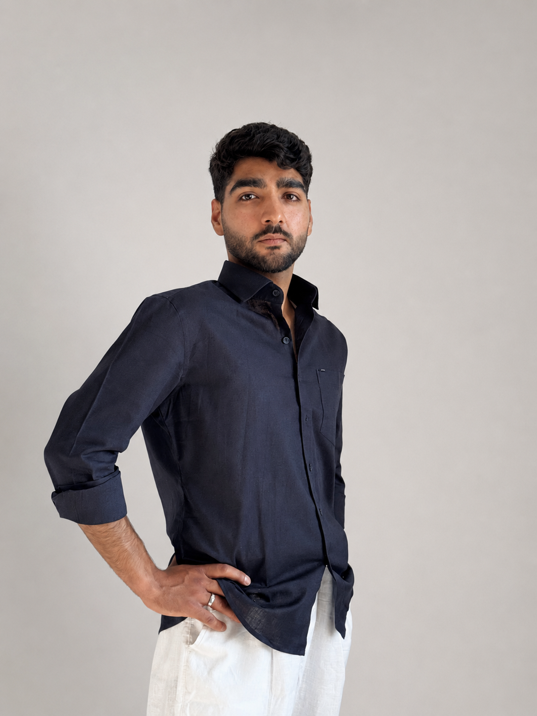 Men’s Premium Cotton Linen Relaxed Fit Shirt – Navy Blue | Attirity