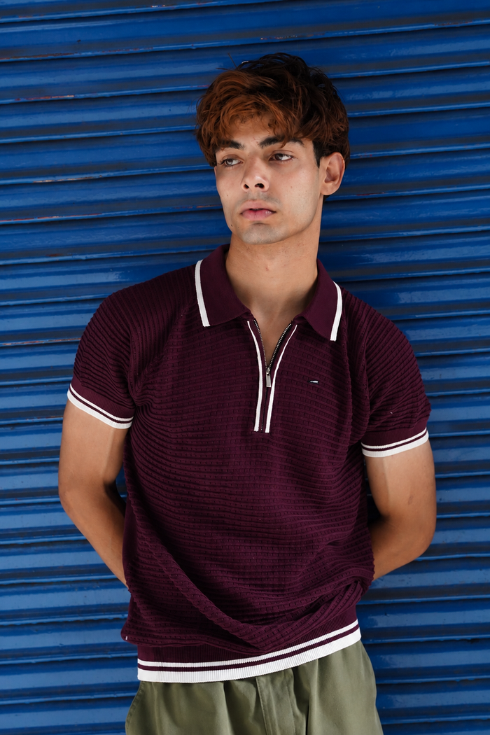 Wine Textured Zip Polo