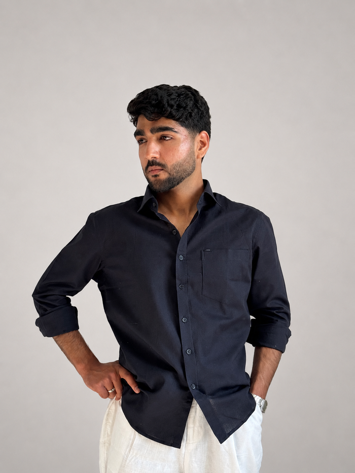 Men’s Premium Cotton Linen Relaxed Fit Shirt – Navy Blue | Attirity Alternate