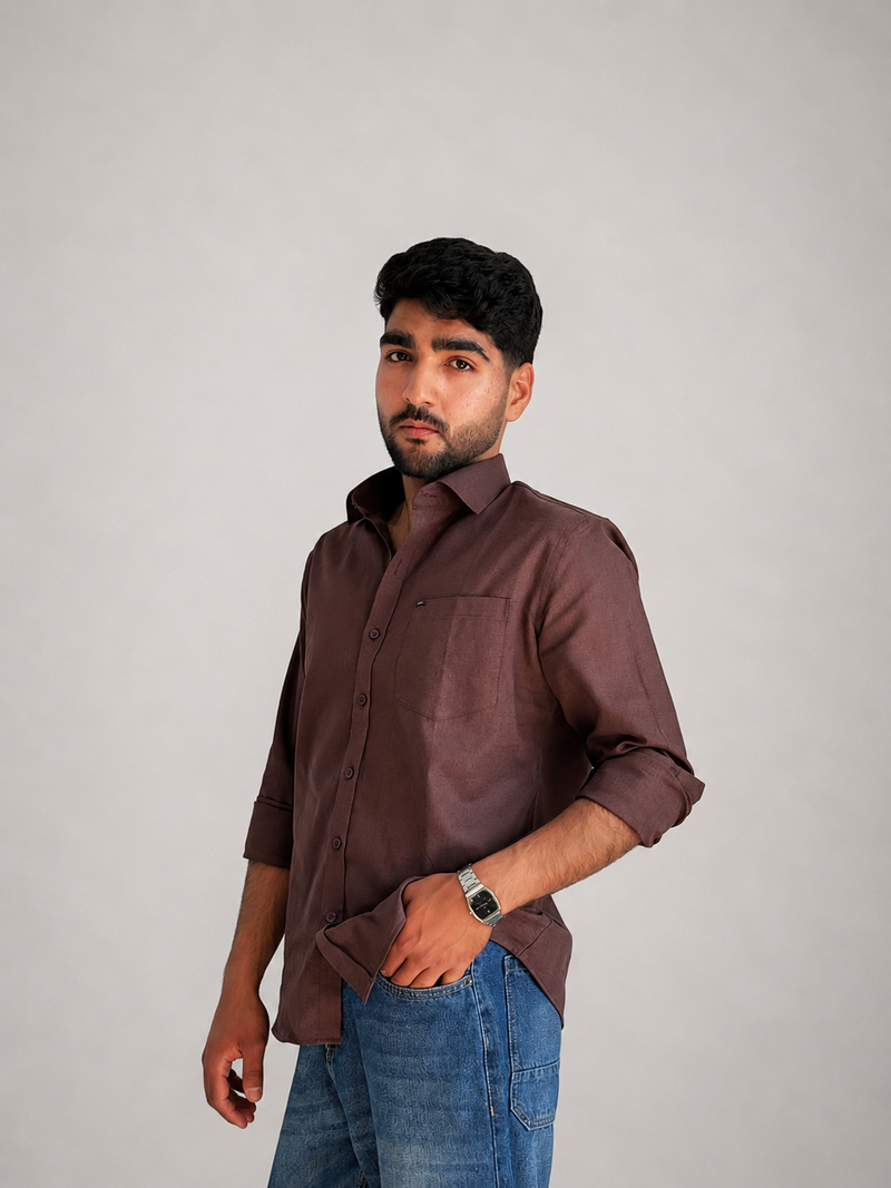 Men’s Premium Pure Linen Relaxed Shirt – Chocolate Brown | Attirity - View 4