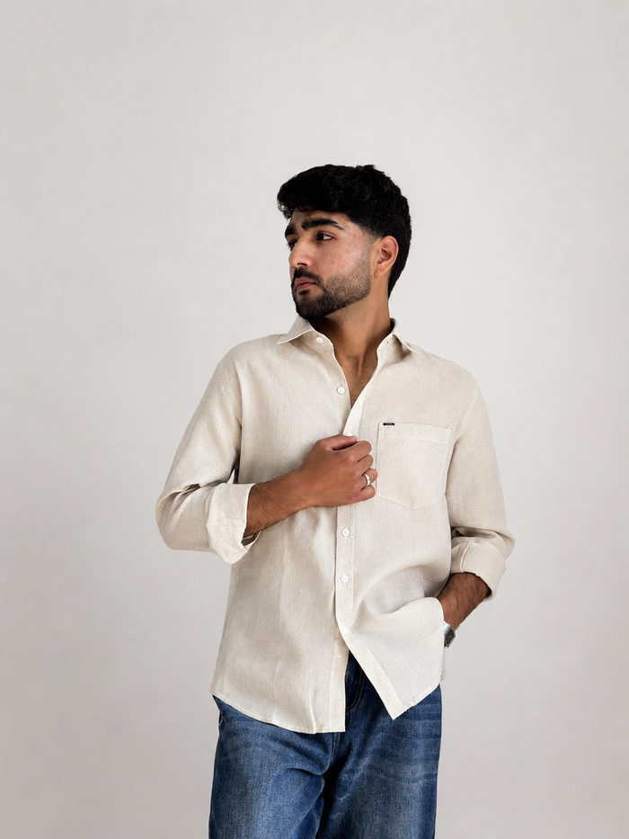 Men’s Premium Cotton Linen Relaxed Fit Shirt – Beige | Attirity Alternate