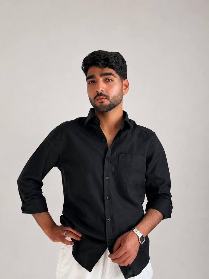 Men’s Premium Cotton Linen Shirt – Jet Black | Attirity