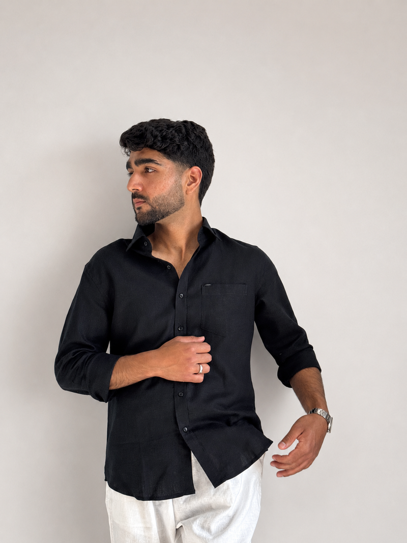 Men’s Premium Cotton Linen Shirt – Jet Black | Attirity - View 3