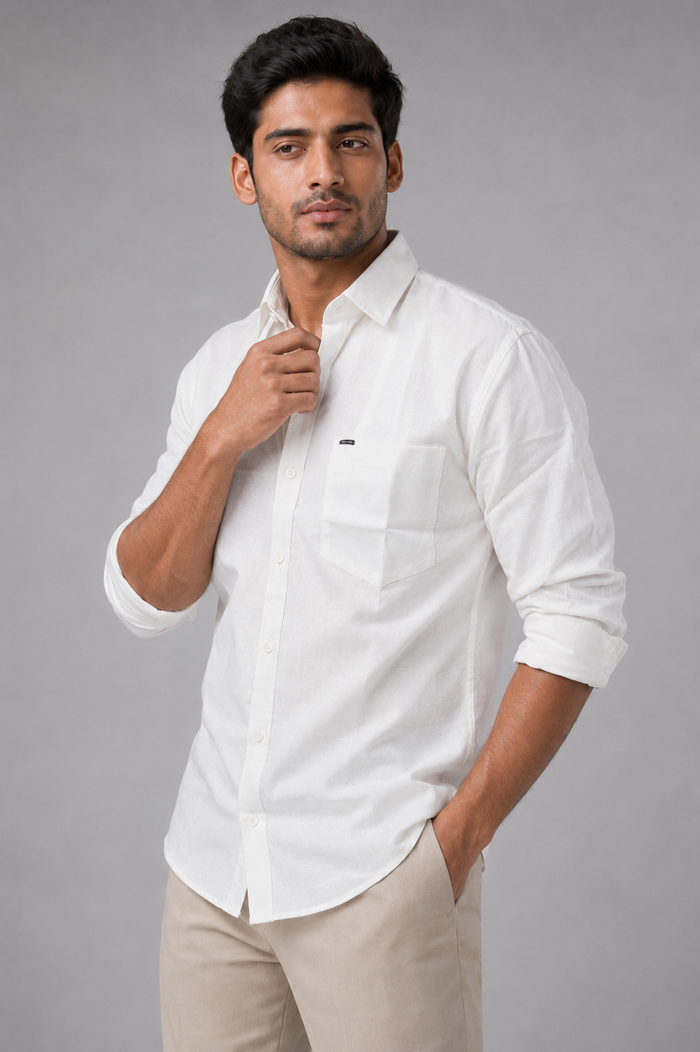 Men’s Premium Cotton Linen Relaxed Fit Shirt – White | Attirity