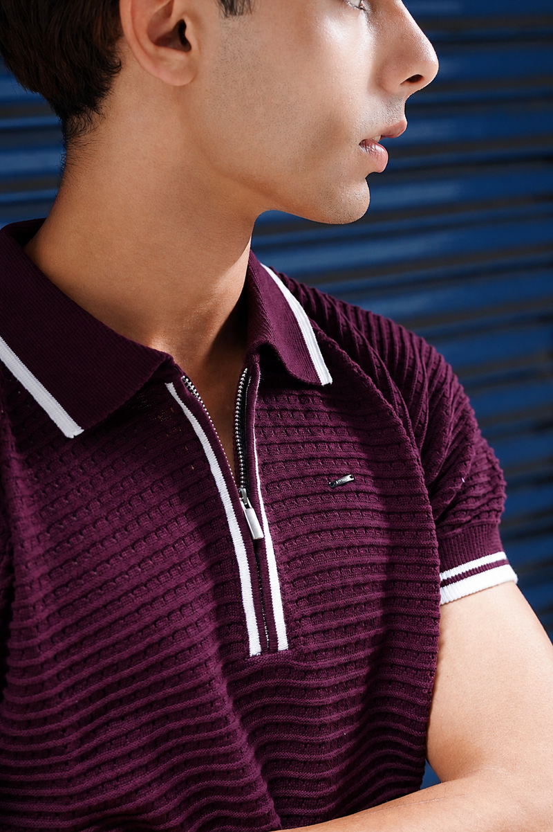 Wine Textured Zip Polo - View 3