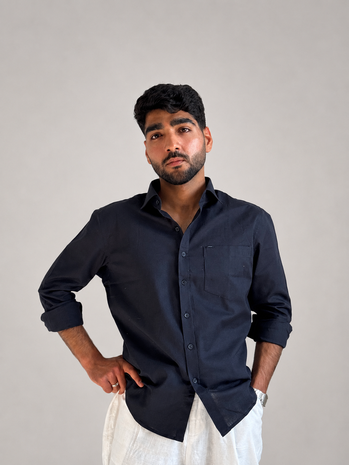 Men’s Premium Cotton Linen Relaxed Fit Shirt – Navy Blue | Attirity