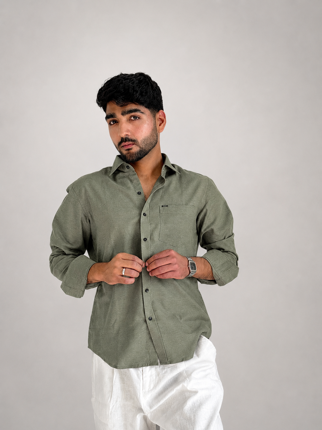 Men’s Premium Pure Linen Relaxed Fit Shirt – Dirty Green | Attirity Alternate