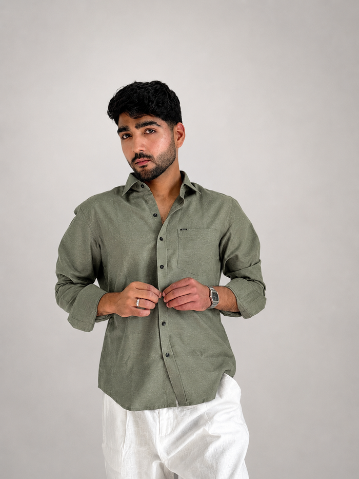 Men’s Premium Pure Linen Relaxed Fit Shirt – Dirty Green | Attirity Alternate