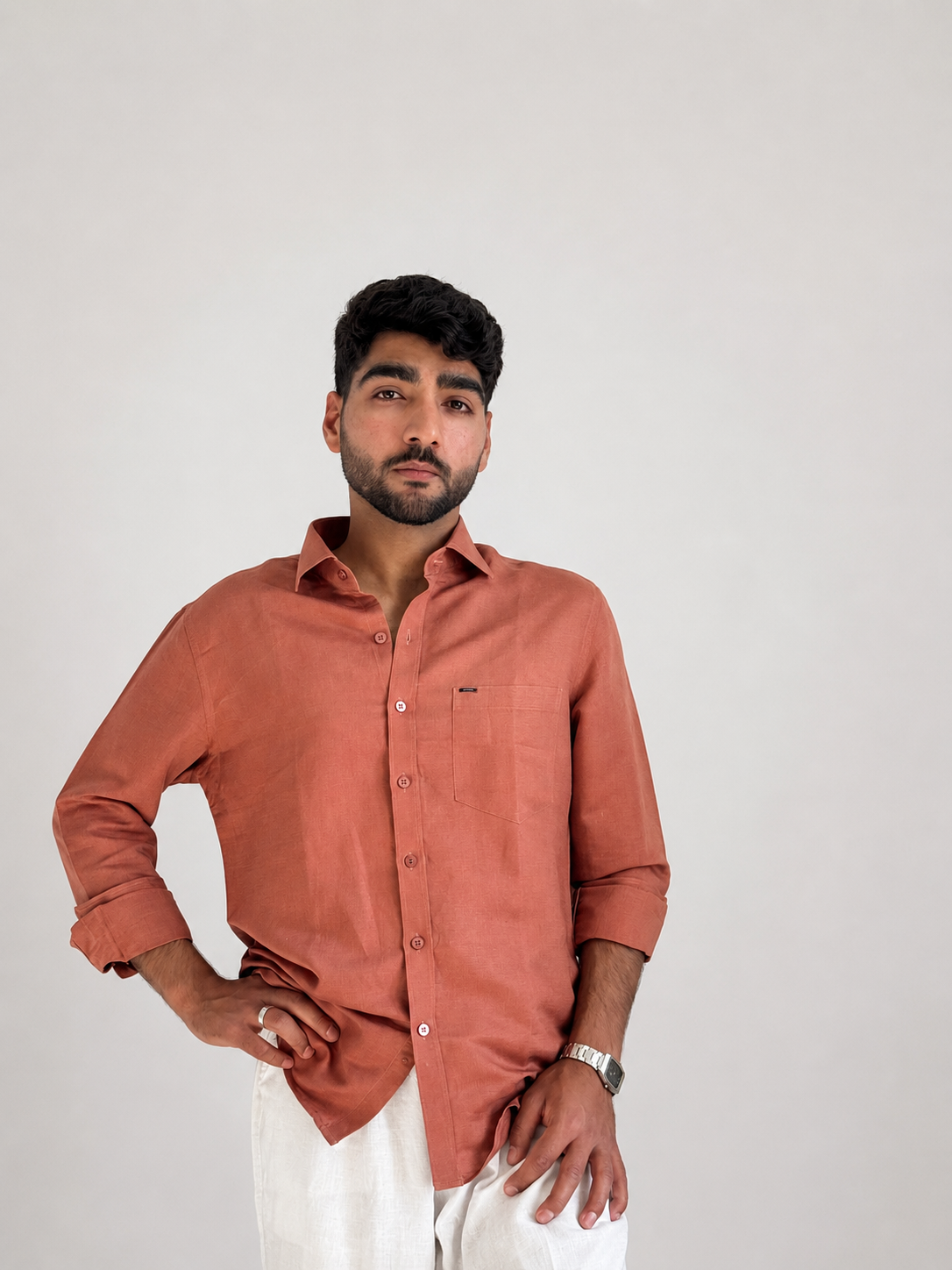 Men’s Premium Pure Linen Relaxed Shirt – Cinnamon Brown | Attirity Alternate