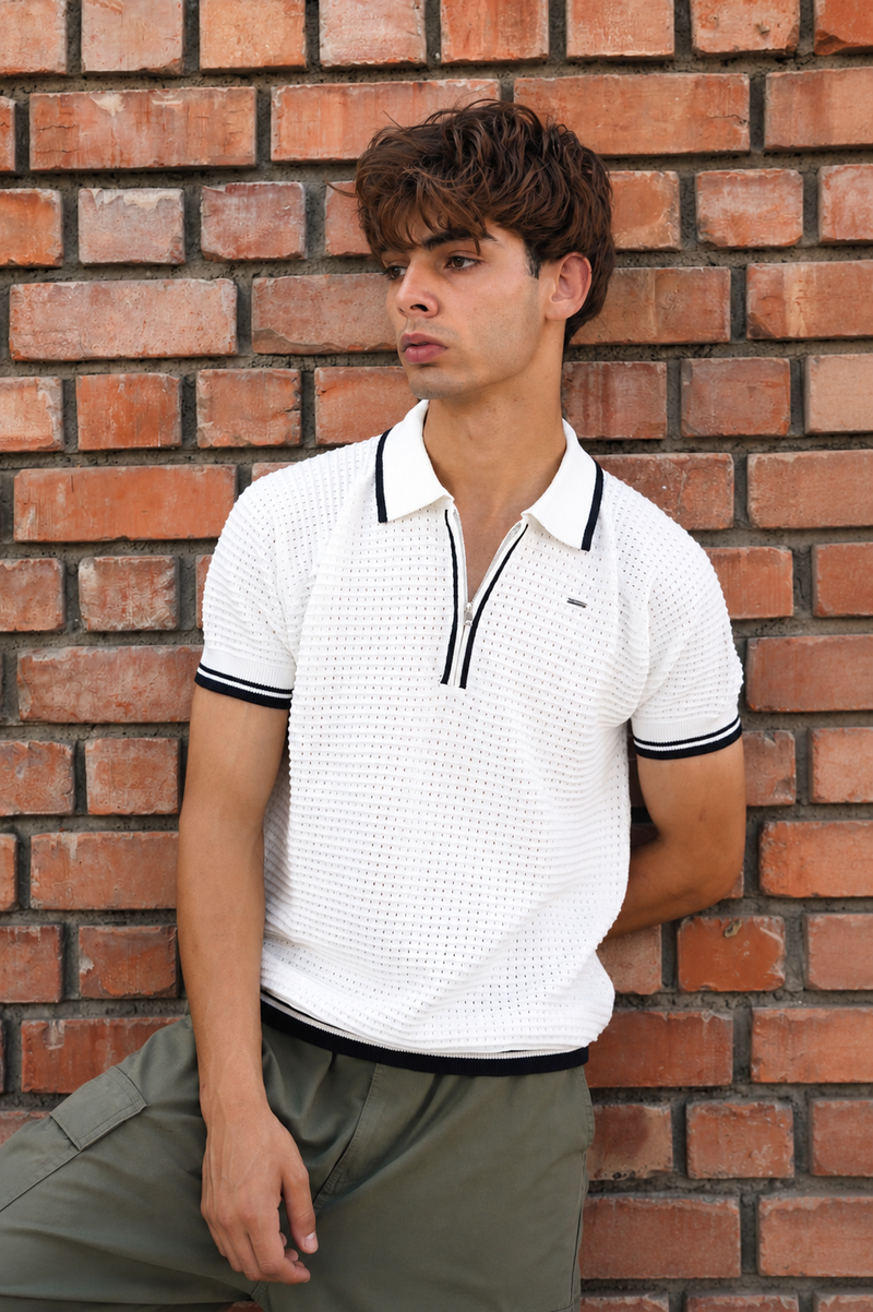 White Textured Zip Polo - View 6