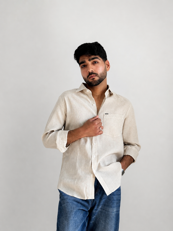 Men’s Premium Cotton Linen Relaxed Fit Shirt – Beige | Attirity